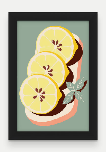 Obraz na płótnie Cytryny na desce w ramie, oprawa: drewno czarne, format 20 × 30 cm