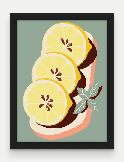 Obraz na płótnie Cytryny na desce w ramie, oprawa: drewno czarne, format 30 × 40 cm