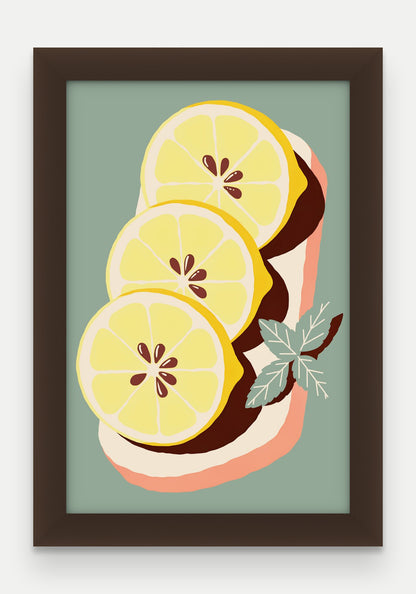 Obraz na płótnie Cytryny na desce w ramie, oprawa: drewno brązowe, format 20 × 30 cm