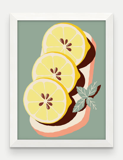 Obraz na płótnie Cytryny na desce w ramie, oprawa: drewno białe, format 30 × 40 cm