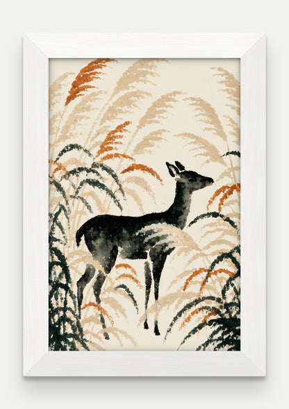 Obraz na płótnie Jelen w ramie, oprawa: drewno białe, format 20 × 30 cm