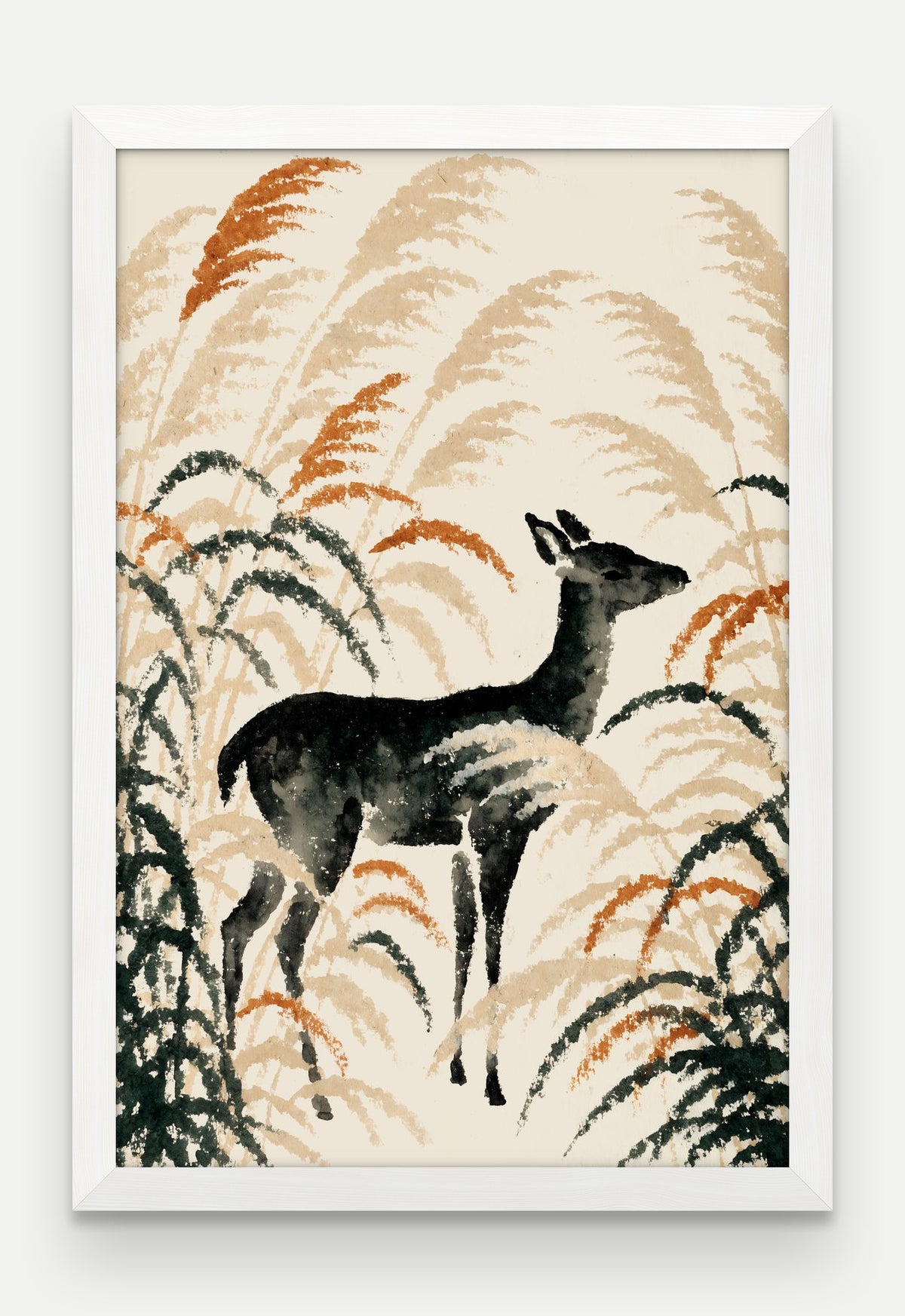 Obraz na płótnie Jelen w ramie, oprawa: drewno białe, format 40 × 60 cm