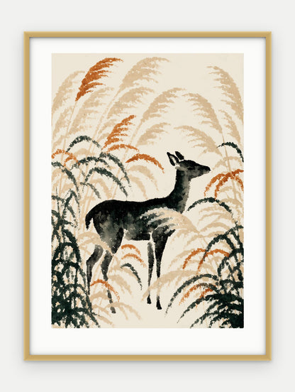 Plakat Jeleń w ramie, oprawa: aluminium złote, z passe-partout, format 30 × 40 cm