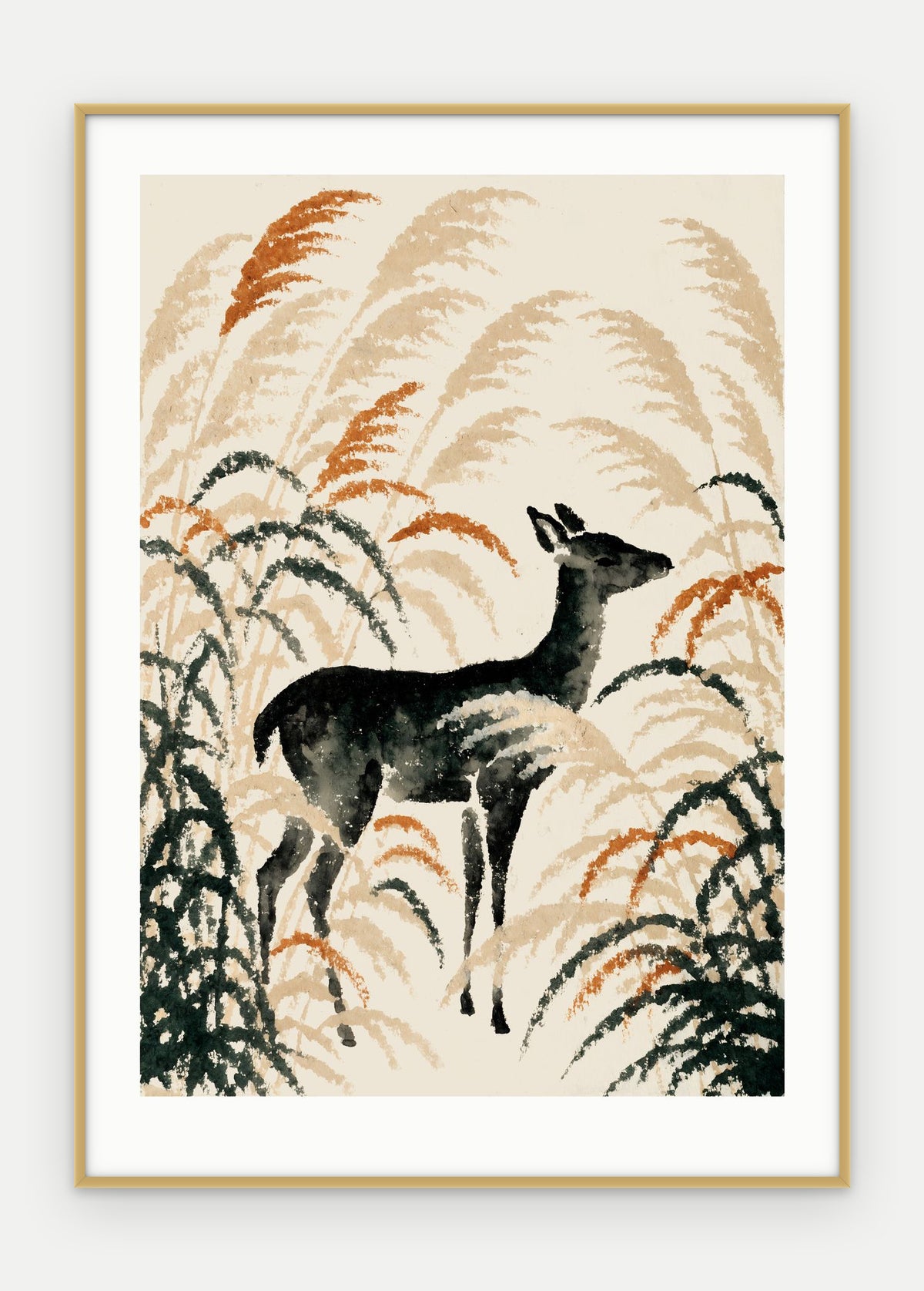 Plakat Jeleń w ramie, oprawa: aluminium złote, z passe-partout, format 50 × 70 cm
