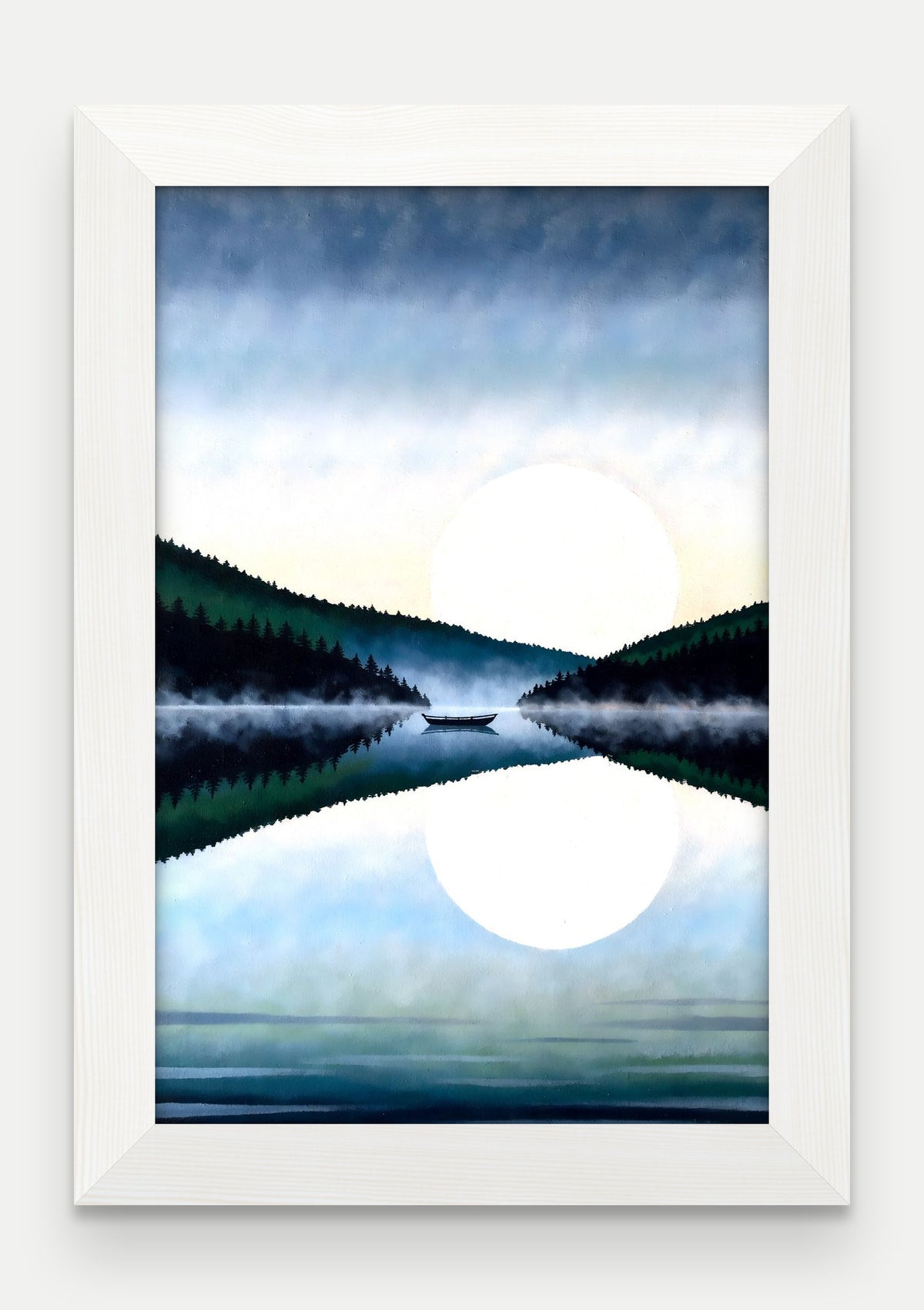 Obraz na płótnie Jezioro w ramie, oprawa: drewno białe, format 20 × 30 cm