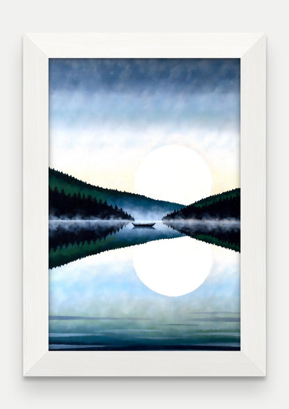 Obraz na płótnie Jezioro w ramie, oprawa: drewno białe, format 20 × 30 cm