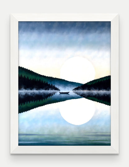 Obraz na płótnie Jezioro w ramie, oprawa: drewno białe, format 30 × 40 cm
