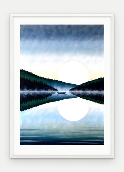 Plakat Jezioro w ramie, oprawa: drewno białe, z passe-partout, format 50 × 70 cm