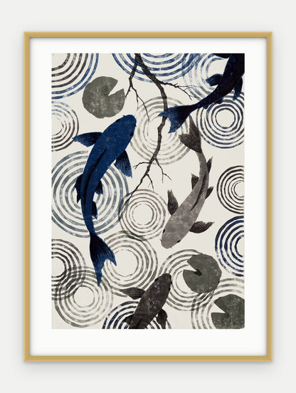 Plakat Koi w ramie, oprawa: aluminium złote, z passe-partout, format 30 × 40 cm
