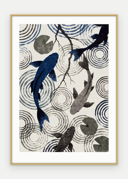Plakat Koi w ramie, oprawa: aluminium złote, z passe-partout, format 50 × 70 cm