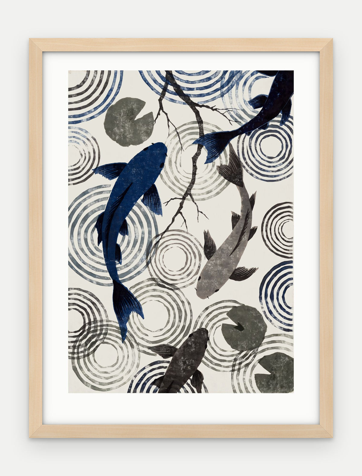 Plakat Koi w ramie, oprawa: drewno naturalne, z passe-partout, format 30 × 40 cm