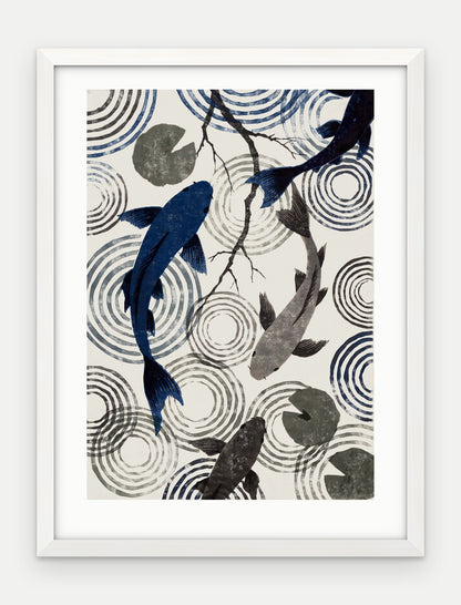 Plakat Koi w ramie, oprawa: drewno białe, z passe-partout, format 30 × 40 cm