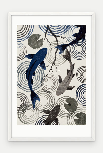 Plakat Koi w ramie, oprawa: drewno białe, z passe-partout, format 40 × 60 cm