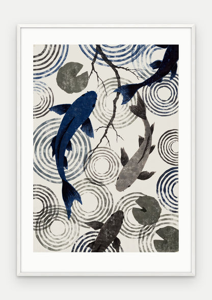 Plakat Koi w ramie, oprawa: drewno białe, z passe-partout, format 70 × 100 cm