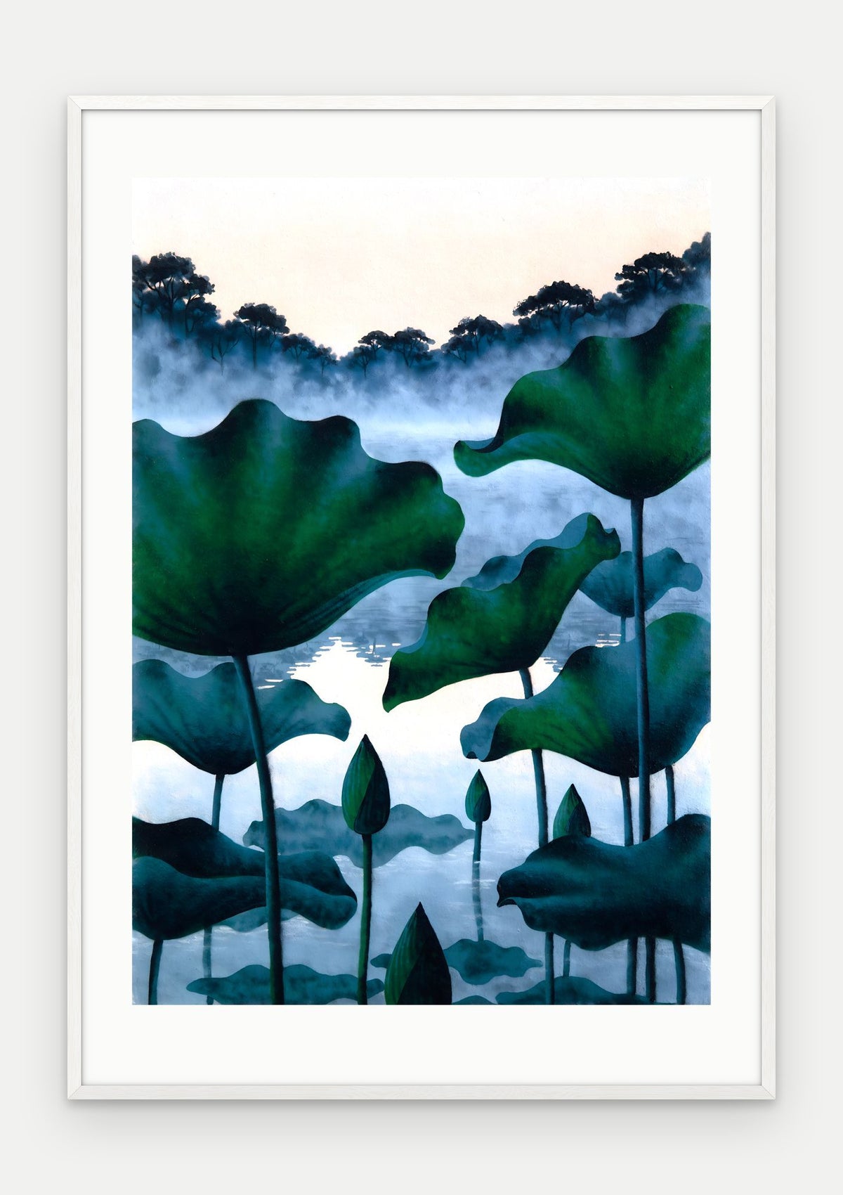 Plakat Lotosy w ramie, oprawa: drewno białe, z passe-partout, format 70 × 100 cm