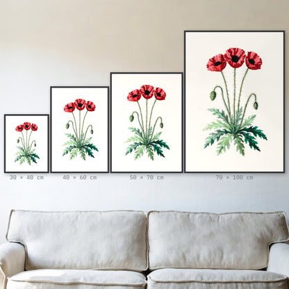 Plakat Mak polny w czarnej ramie – porównanie formatów 30×40, 40×60, 50×70 i 70×100 cm nad sofą