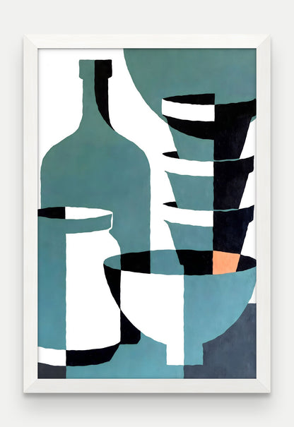 Obraz na płótnie Naczynia w ramie, oprawa: drewno białe, format 40 × 60 cm
