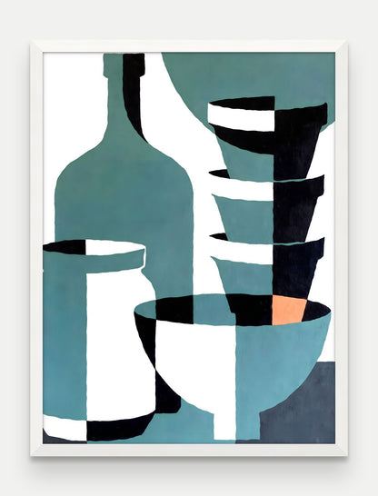Obraz na płótnie Naczynia w ramie, oprawa: drewno białe, format 60 × 80 cm