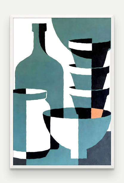 Obraz na płótnie Naczynia w ramie, oprawa: drewno białe, format 80 × 120 cm