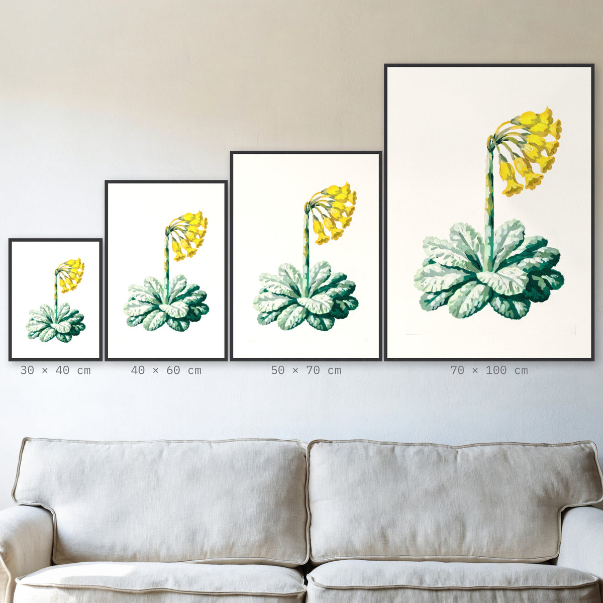 Plakat Pierwiosnek w czarnej ramie – porównanie formatów 30×40, 40×60, 50×70 i 70×100 cm nad sofą