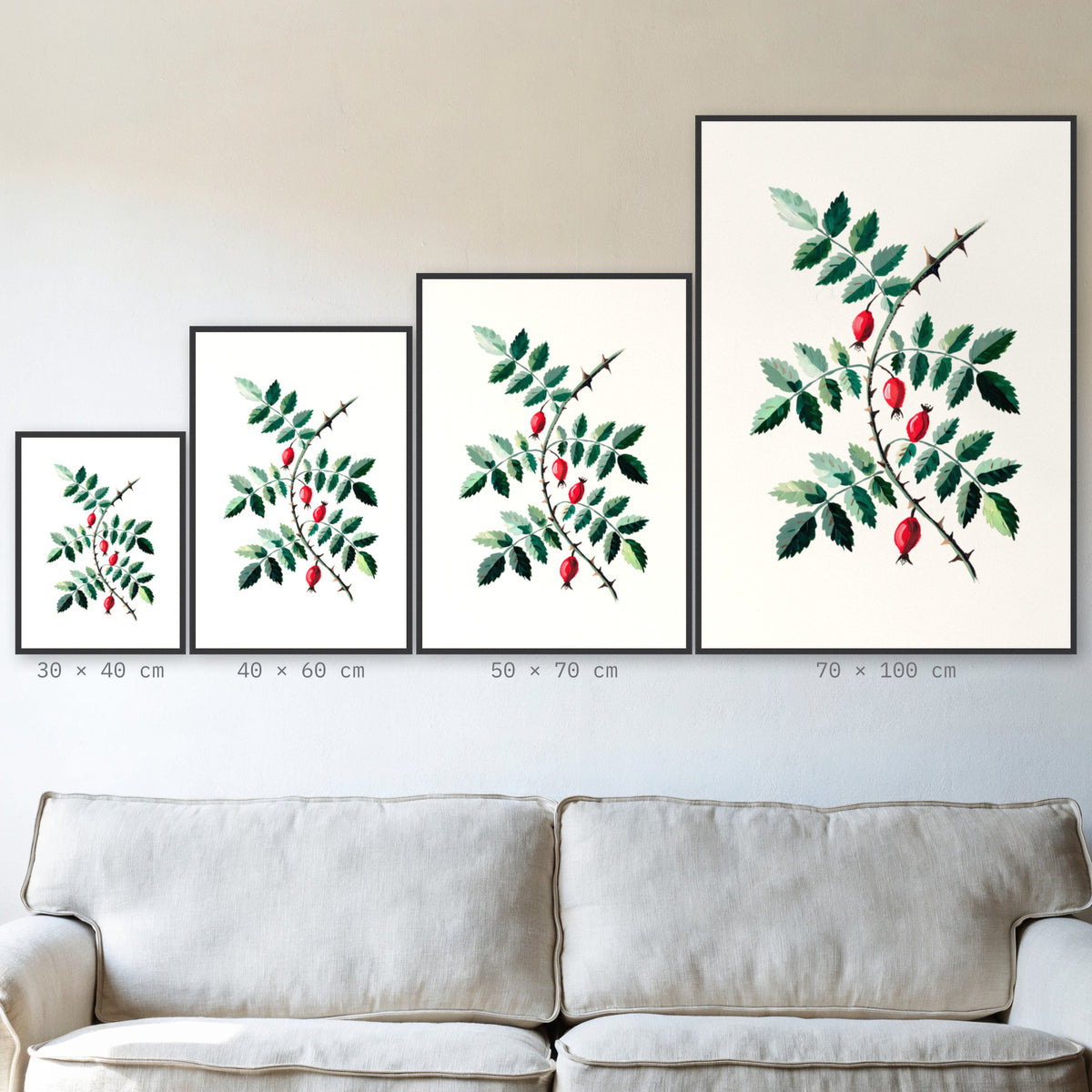 Plakat Dzika róża w czarnej ramie – porównanie formatów 30×40, 40×60, 50×70 i 70×100 cm nad sofą
