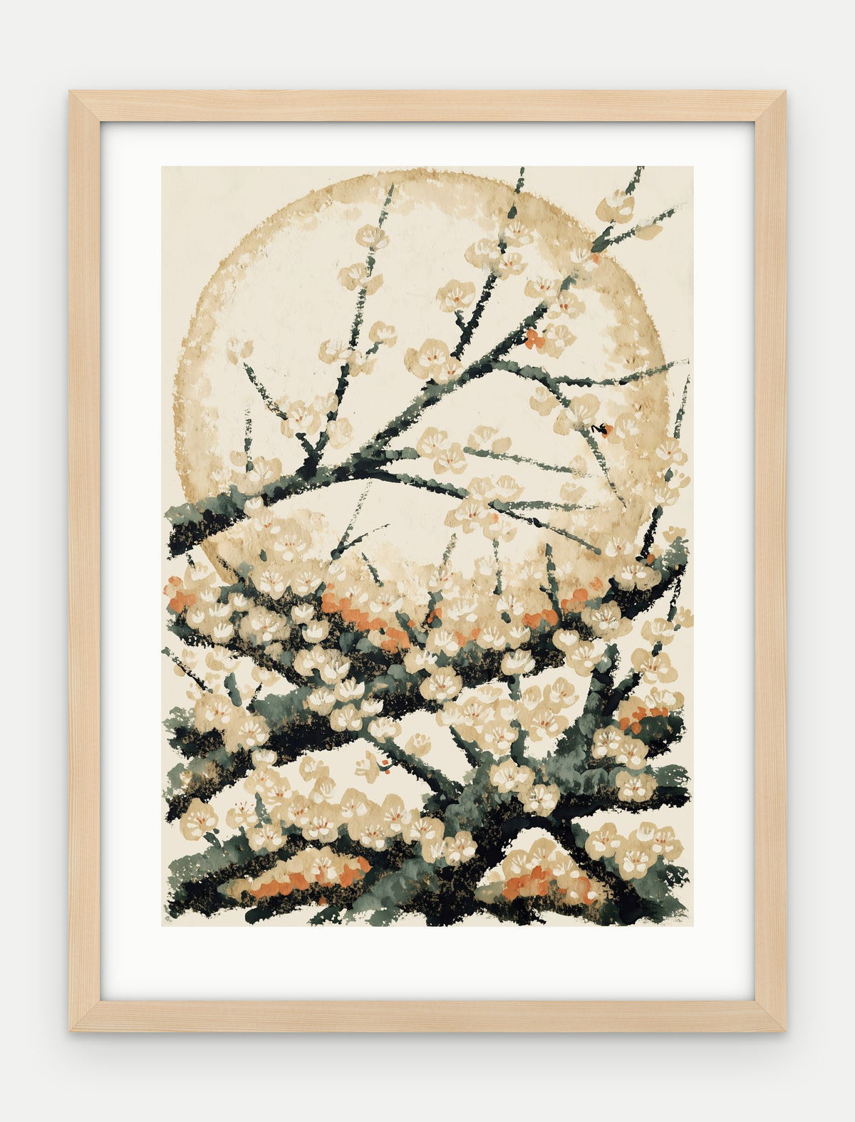Plakat Śliwa w ramie, oprawa: drewno naturalne, z passe-partout, format 30 × 40 cm