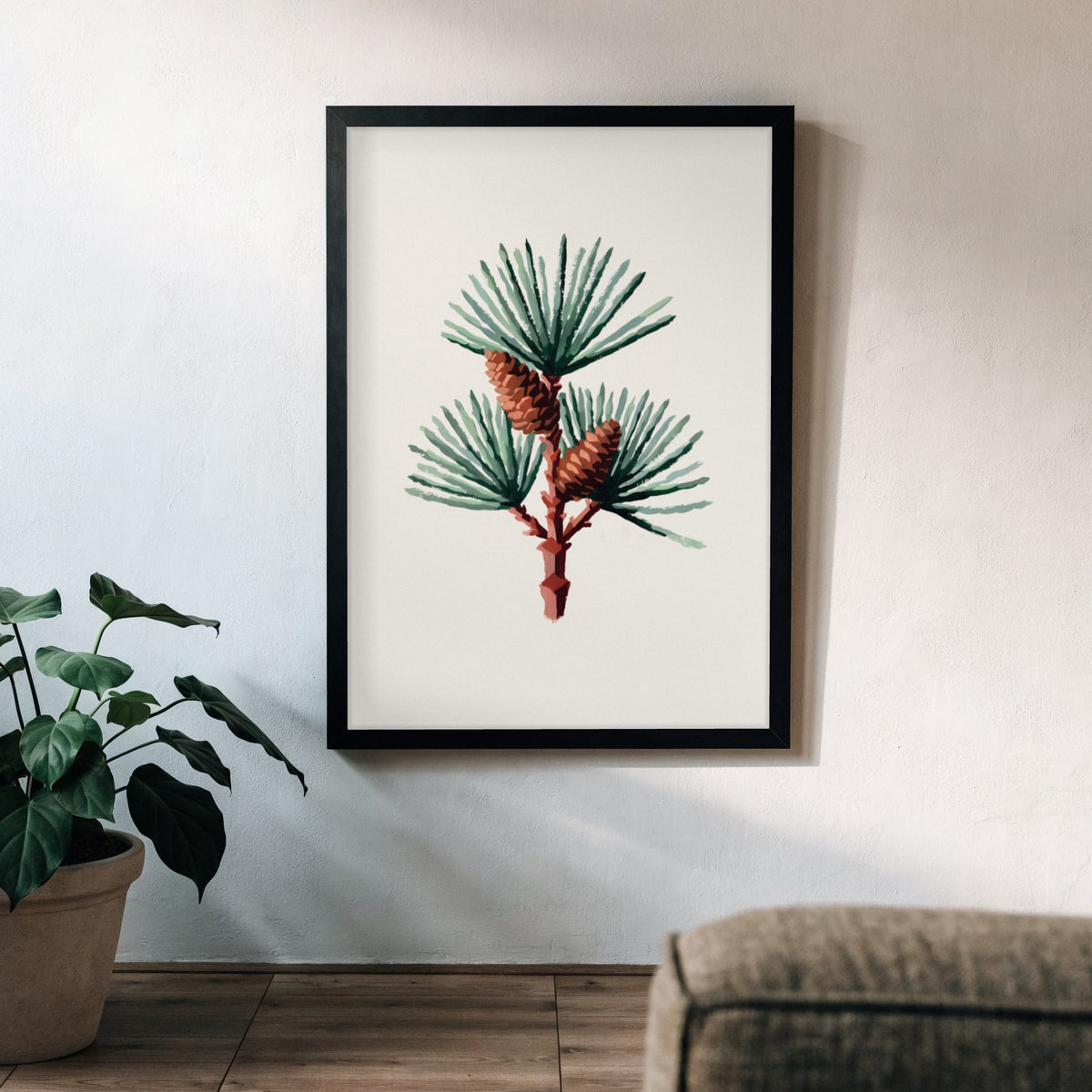 Plakat Sosna w czarnej ramie na ścianie – aranżacja we wnętrzu