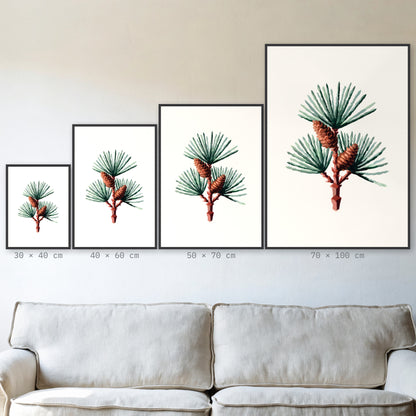 Plakat Sosna w czarnej ramie – porównanie formatów 30×40, 40×60, 50×70 i 70×100 cm nad sofą